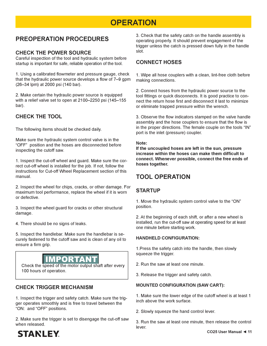 Stanley Black & Decker CO25 user manual Preoperation Procedures, Tool Operation, Handheld Configuration 