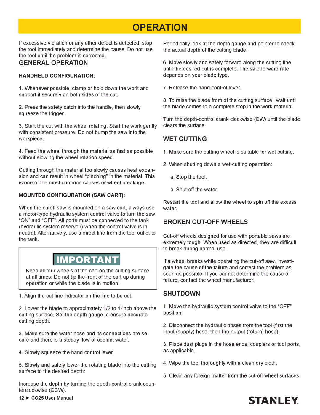 Stanley Black & Decker CO25 user manual General Operation 