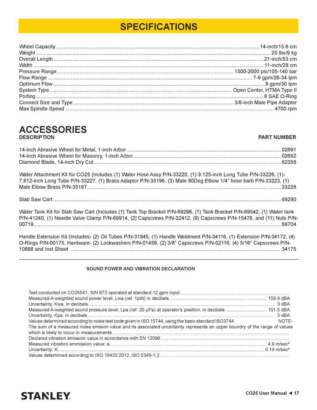 Stanley Black & Decker CO25 user manual Specifications, Accessories, Description Part Number 