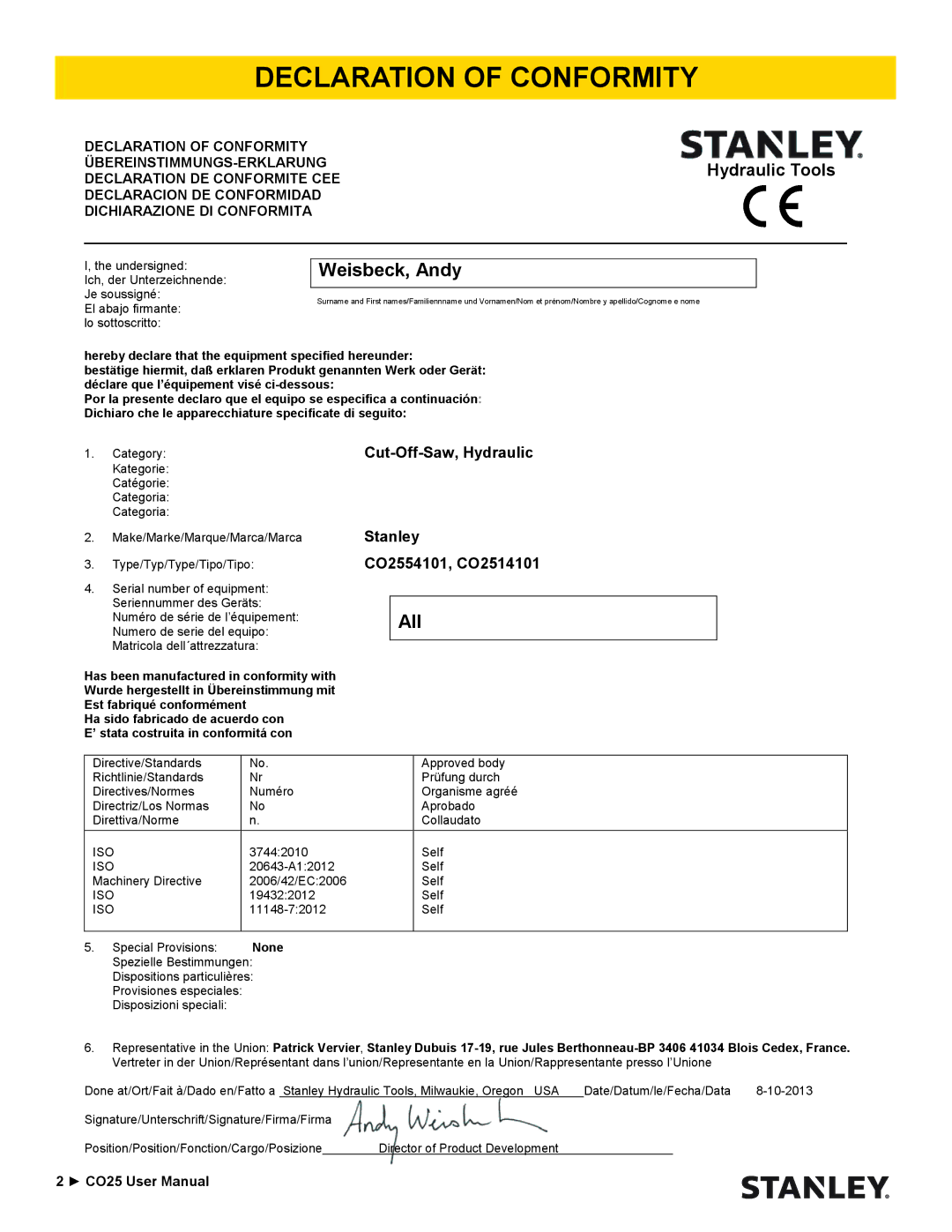 Stanley Black & Decker CO25 user manual Declaration of Conformity, Weisbeck, Andy 