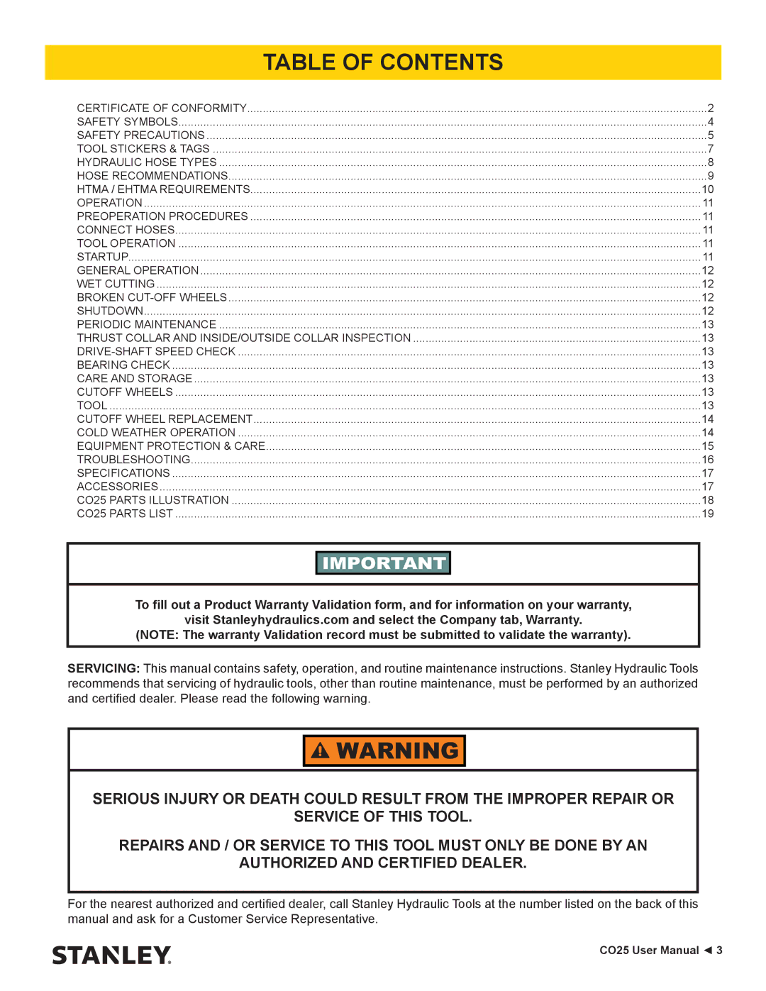 Stanley Black & Decker CO25 user manual Table of Contents 