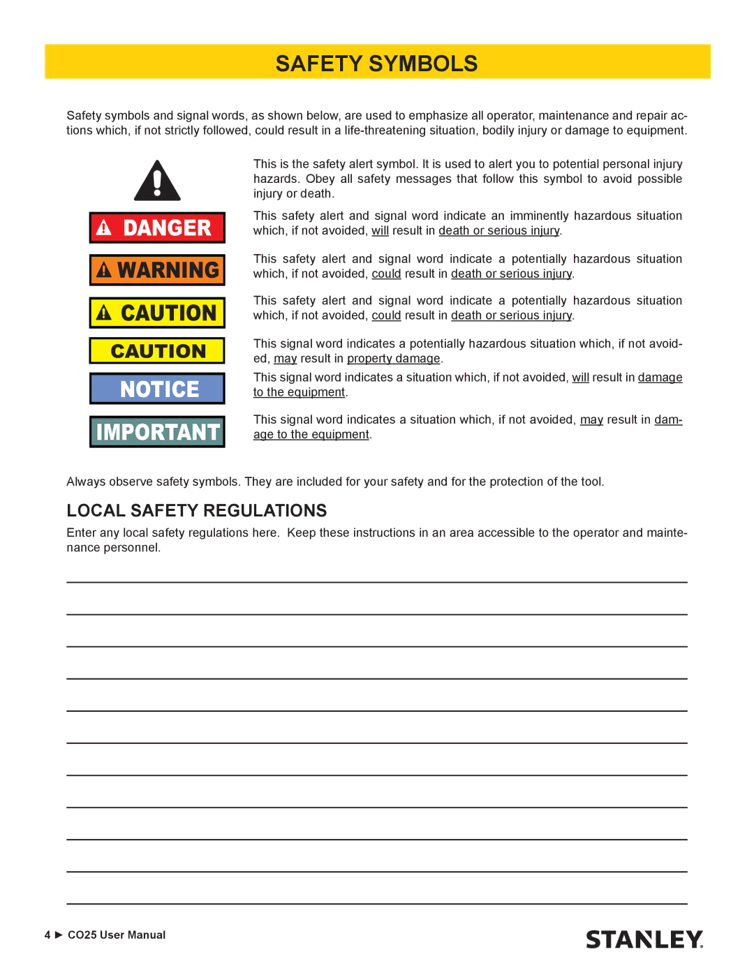 Stanley Black & Decker CO25 user manual Safety Symbols, Local Safety Regulations 