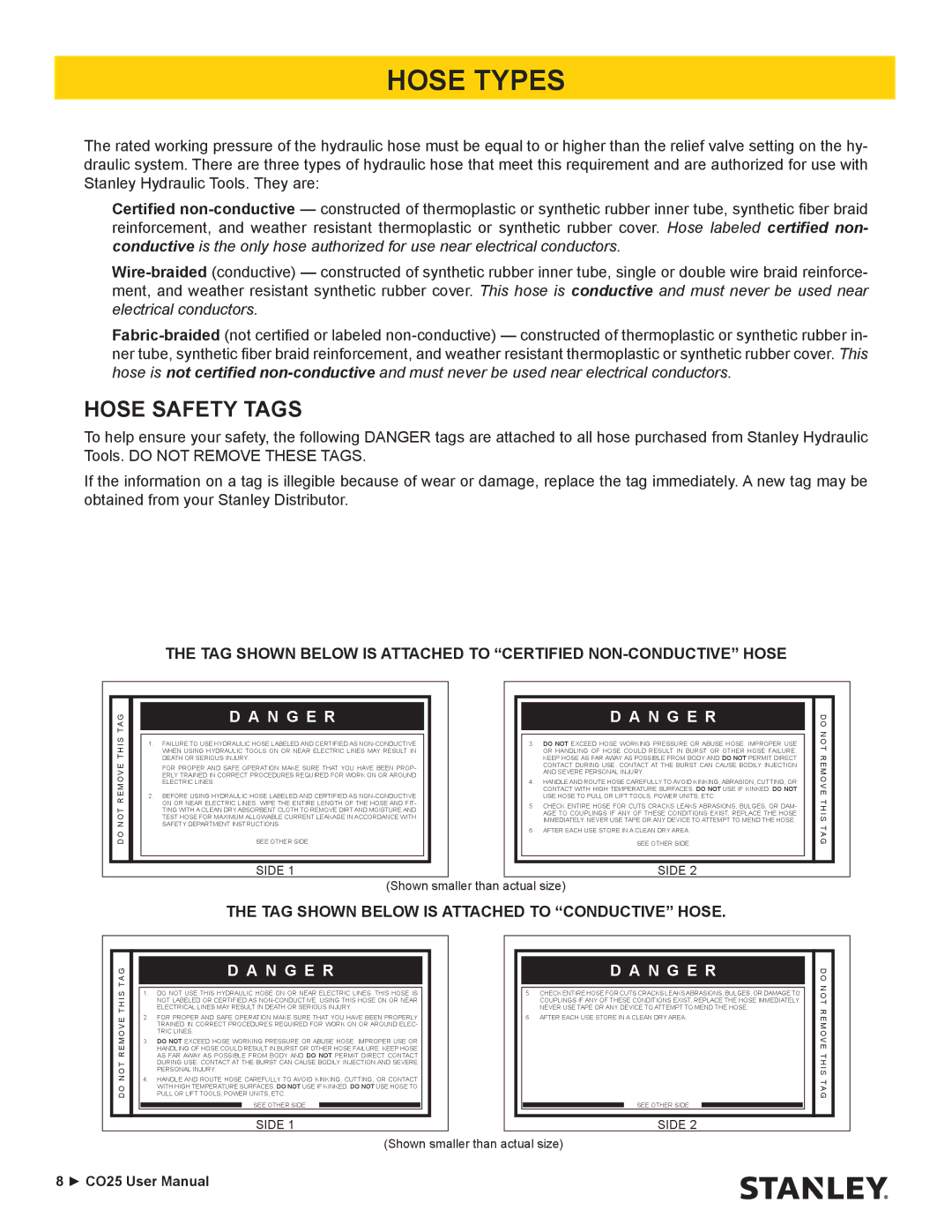 Stanley Black & Decker CO25 user manual Hose Types, Hose Safety Tags, TAG Shown below is Attached to Conductive Hose 