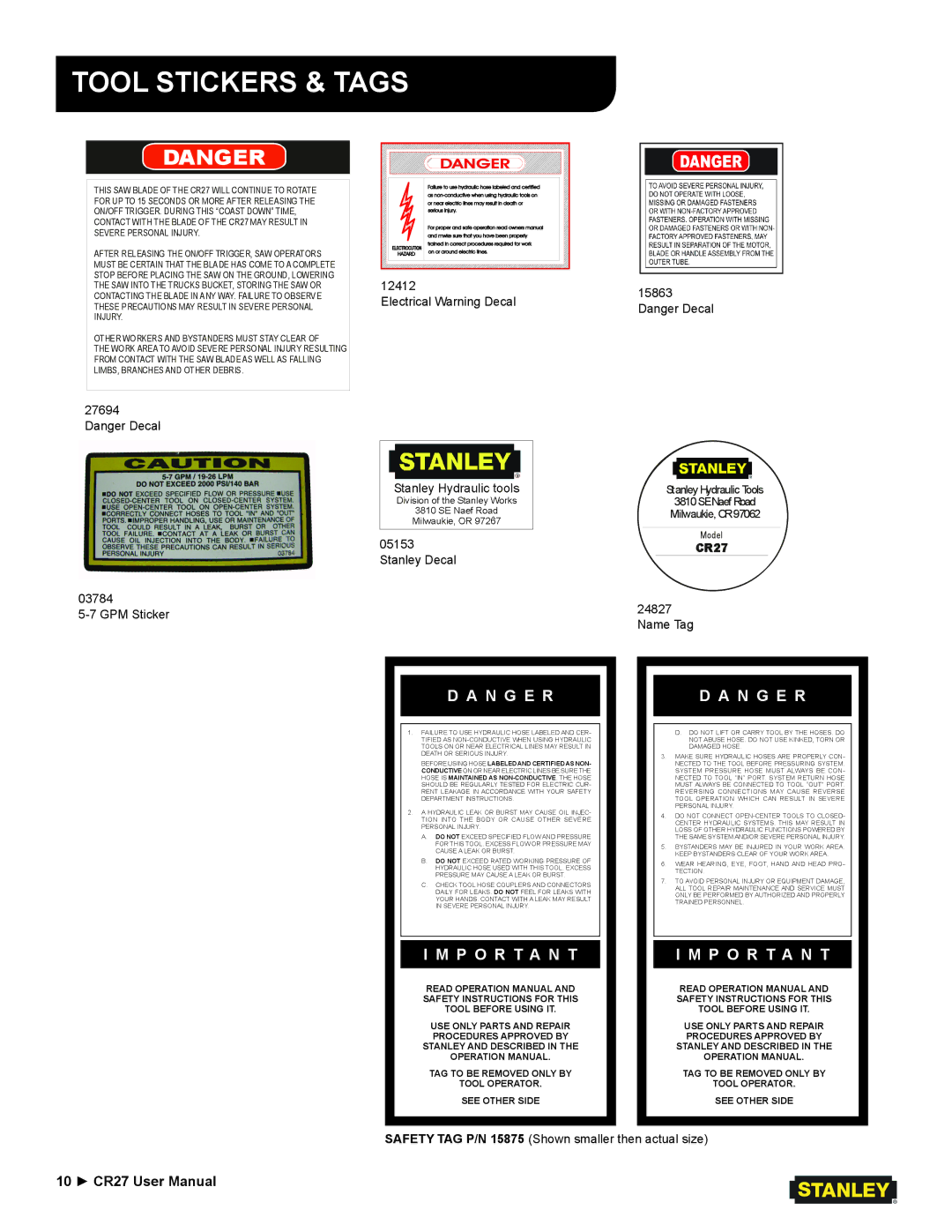 Stanley Black & Decker CR27 user manual Tool Stickers & Tags, N G E R 