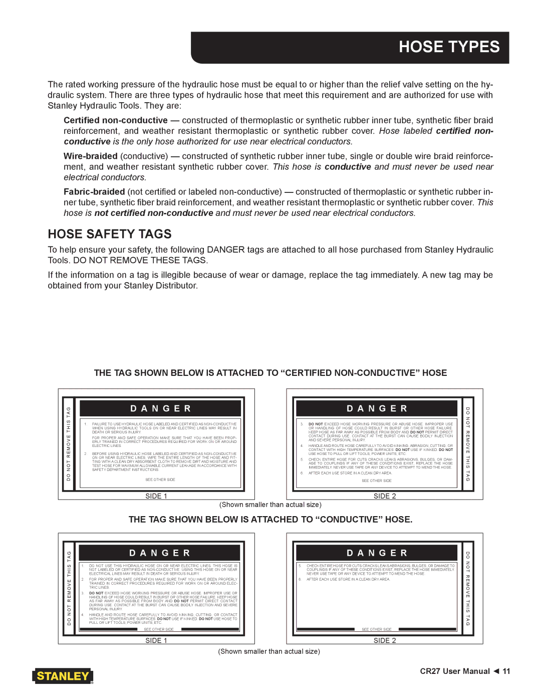 Stanley Black & Decker CR27 user manual Hose Types, Hose Safety Tags 