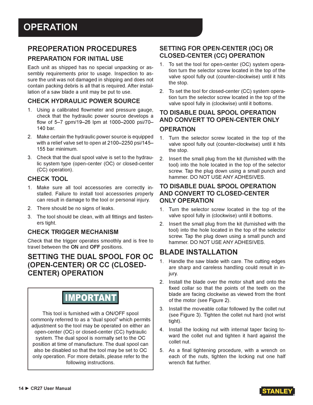 Stanley Black & Decker CR27 user manual Preoperation Procedures, Center Operation, Blade Installation 