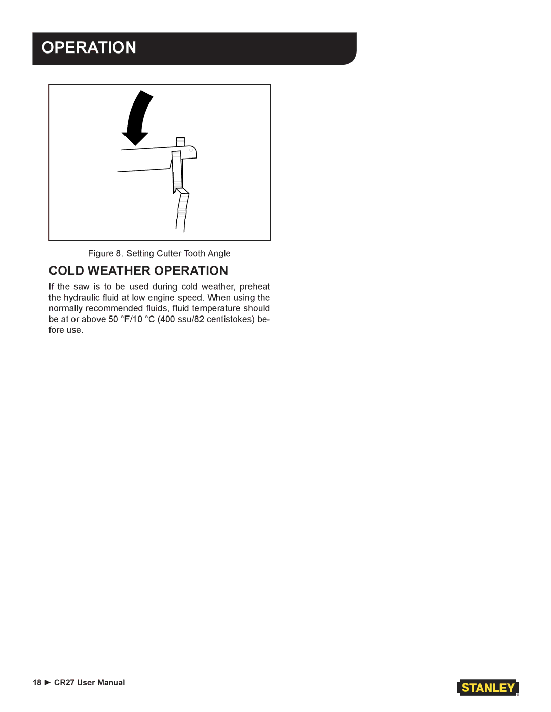 Stanley Black & Decker CR27 user manual Cold Weather Operation, Setting Cutter Tooth Angle 