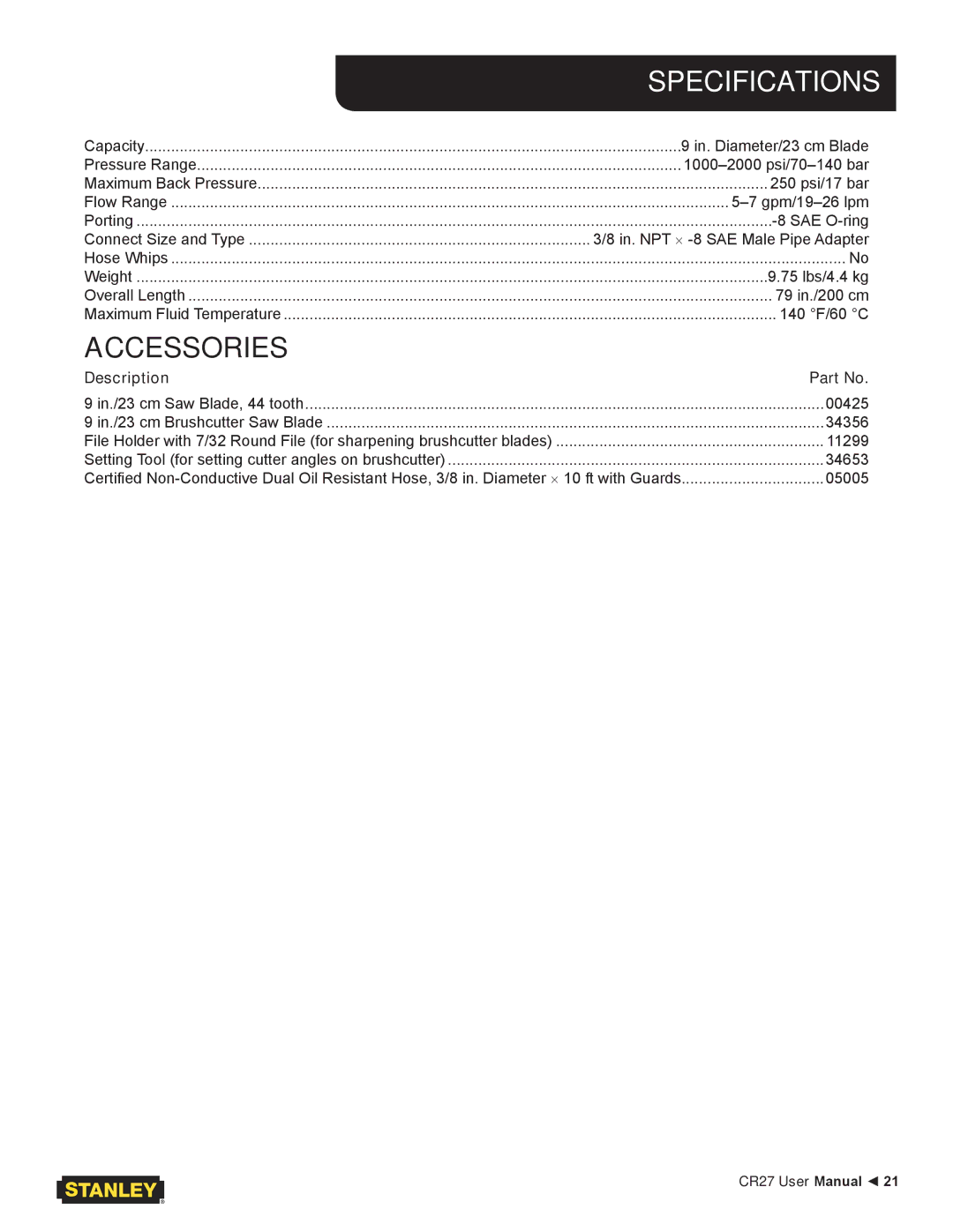 Stanley Black & Decker CR27 user manual Specifications, Accessories 