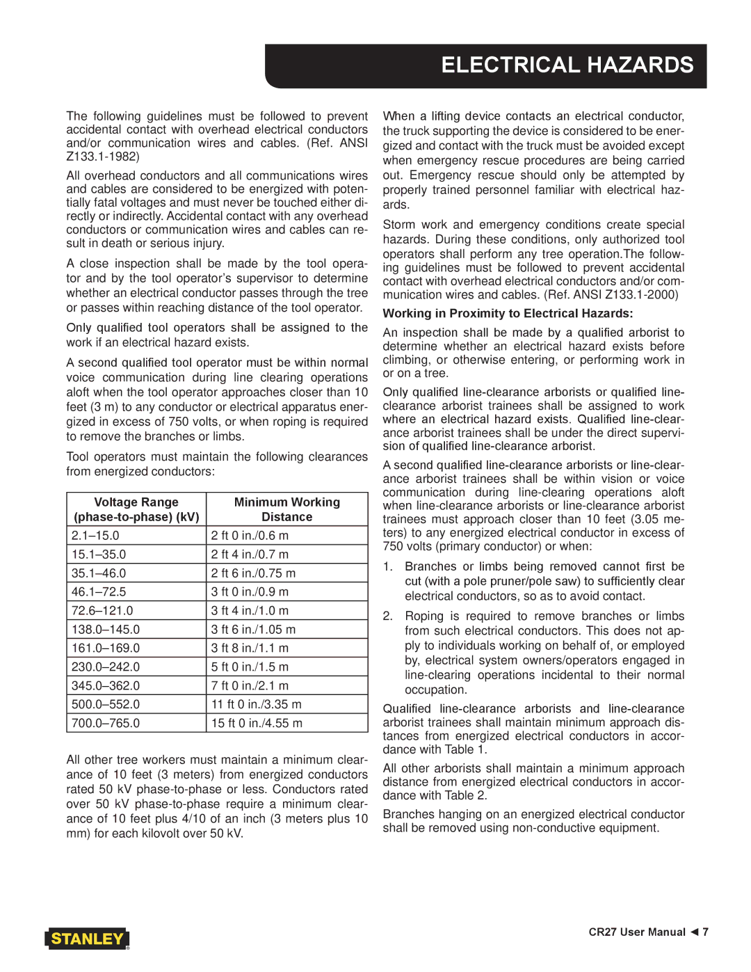 Stanley Black & Decker CR27 user manual Electrical Hazards, Voltage Range Minimum Working Phase-to-phase kV Distance 