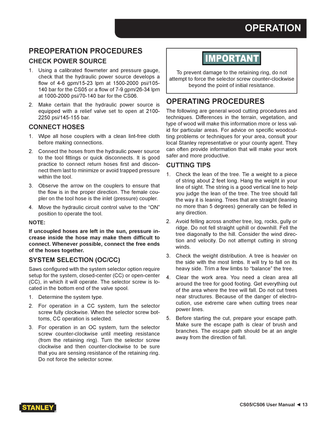 Stanley Black & Decker CS05/CS06 user manual Operation, Preoperation Procedures, Operating Procedures 