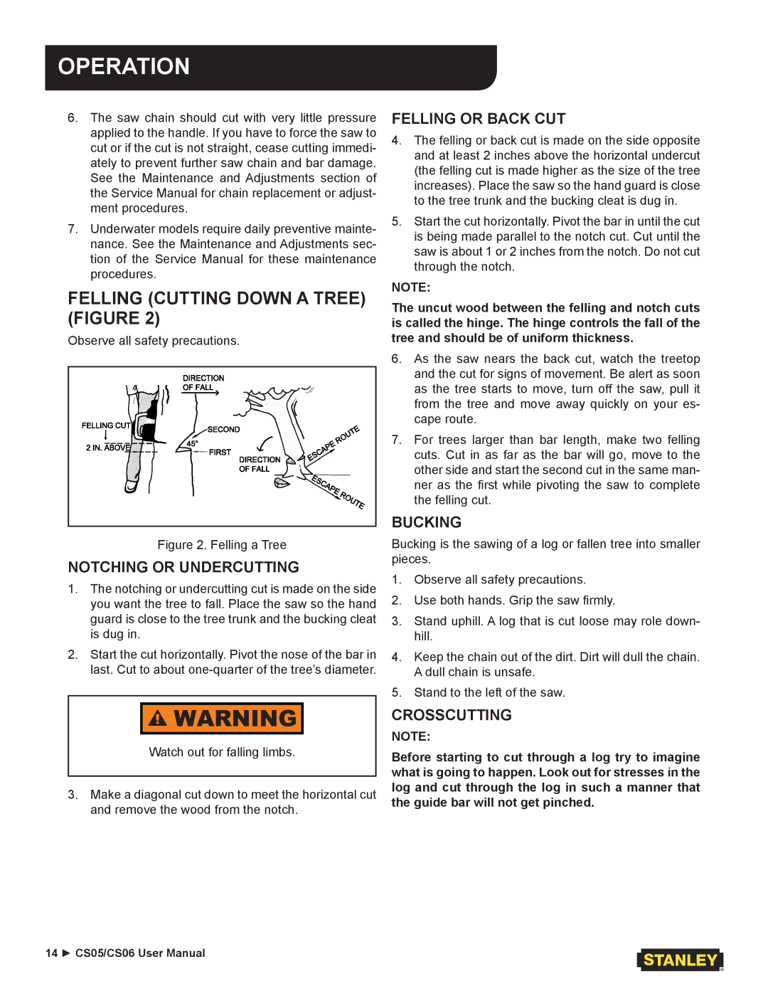 Stanley Black & Decker CS05/CS06 Felling Cutting Down a Tree Figure, Notching or Undercutting, Felling or Back CUT 