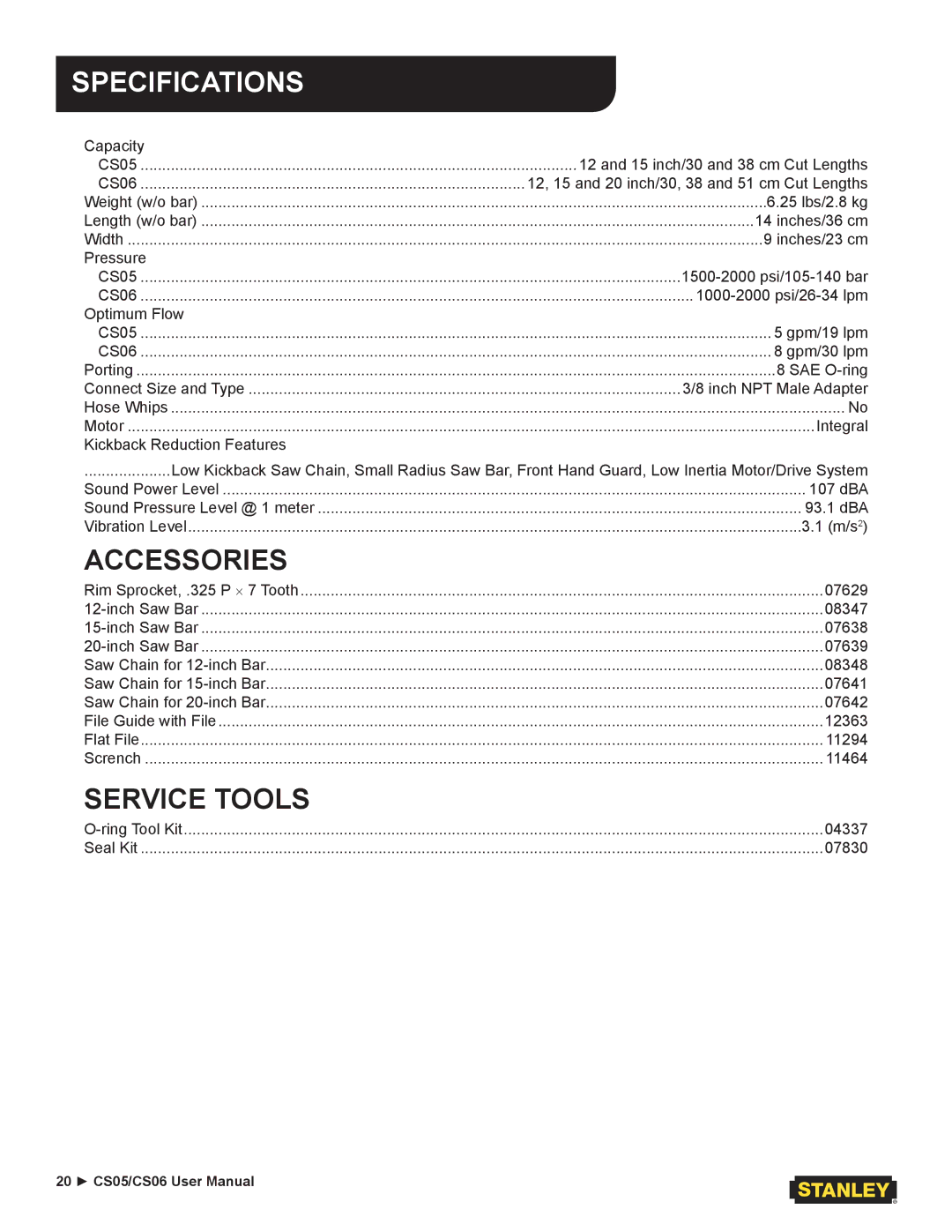 Stanley Black & Decker CS05/CS06 user manual Specifications, Accessories 