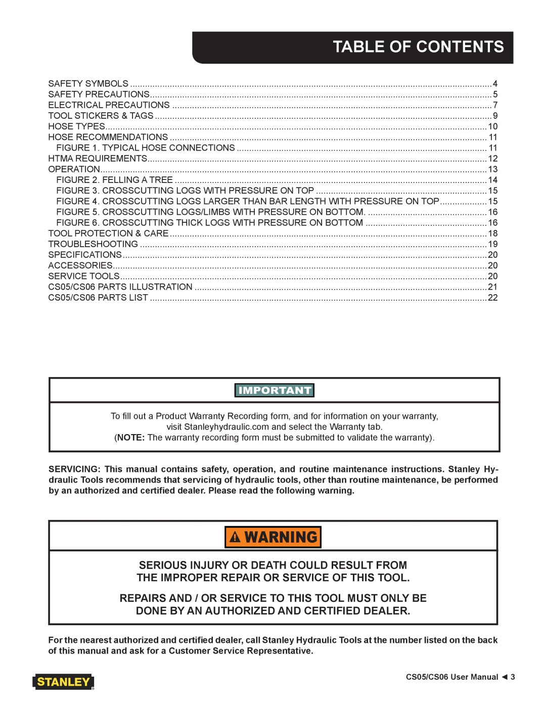 Stanley Black & Decker CS05/CS06 user manual Table of Contents 