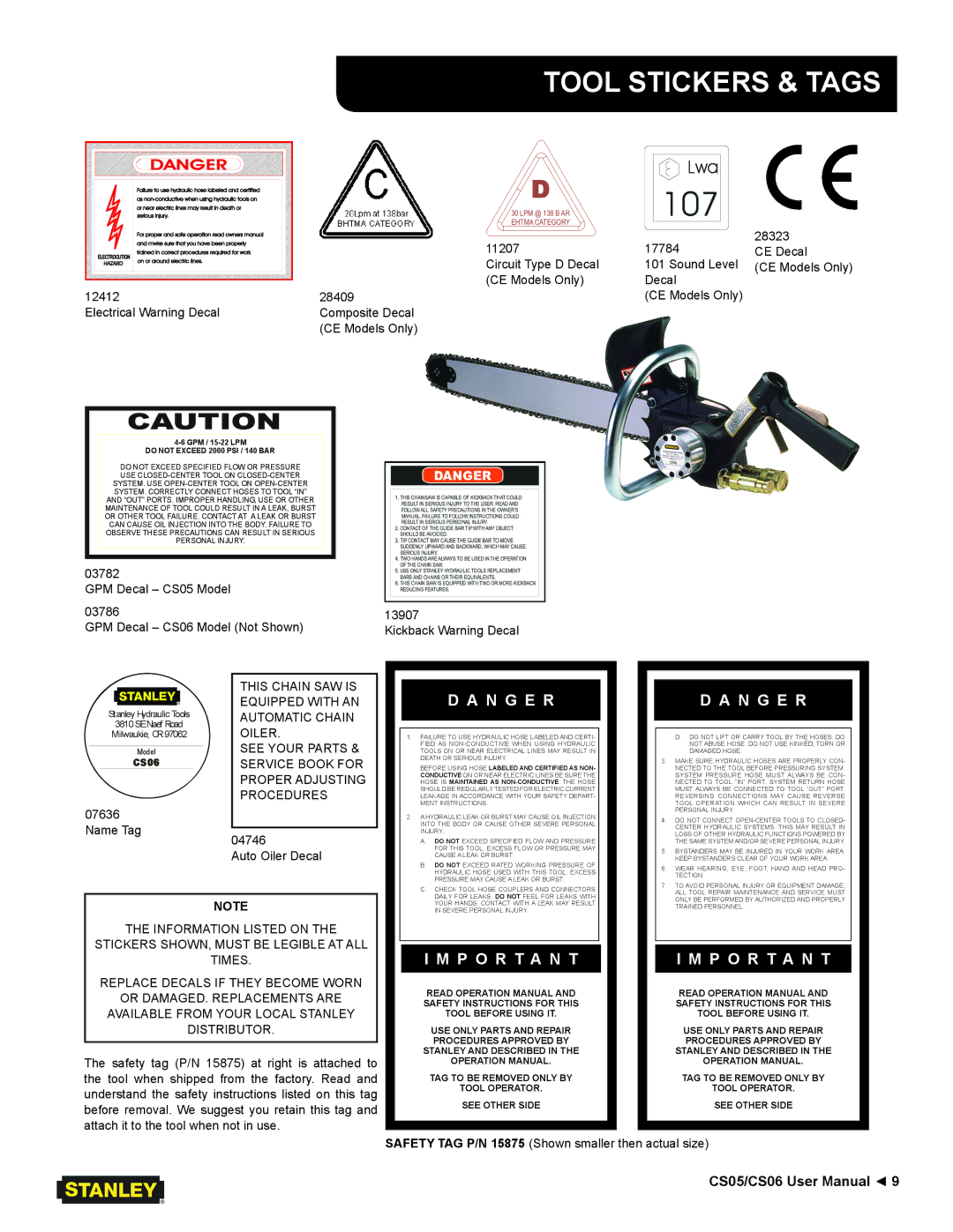 Stanley Black & Decker CS05/CS06 user manual 107, Tool Stickers & Tags 