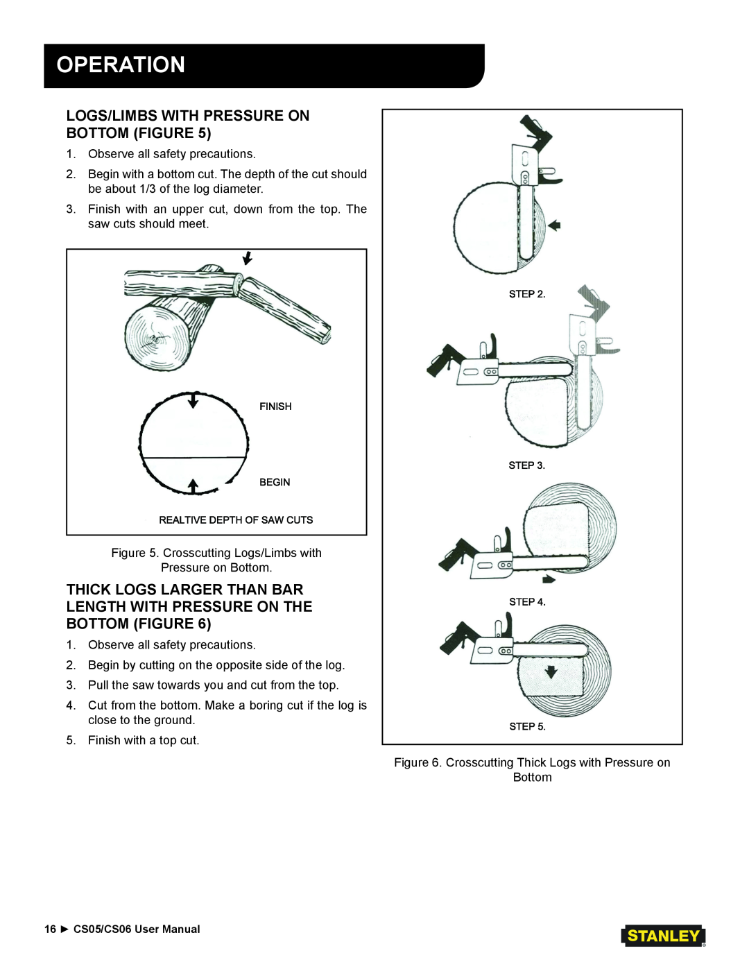 Stanley Black & Decker user manual Logs/Limbs With Pressure On Bottom Figure, Operation, 16 CS05/CS06 User Manual 