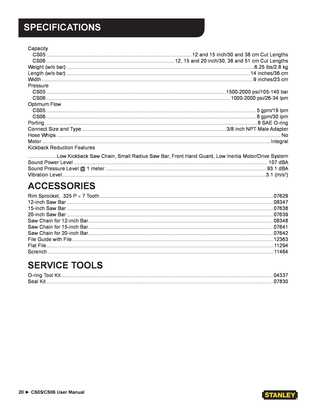 Stanley Black & Decker CS05/CS06 user manual Specifications, Accessories, Service Tools 