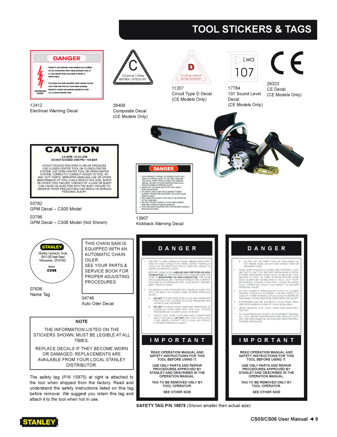 Stanley Black & Decker CS05/CS06 user manual Tool Stickers & Tags, Danger, D A N G E R, I M P O R T A N T 