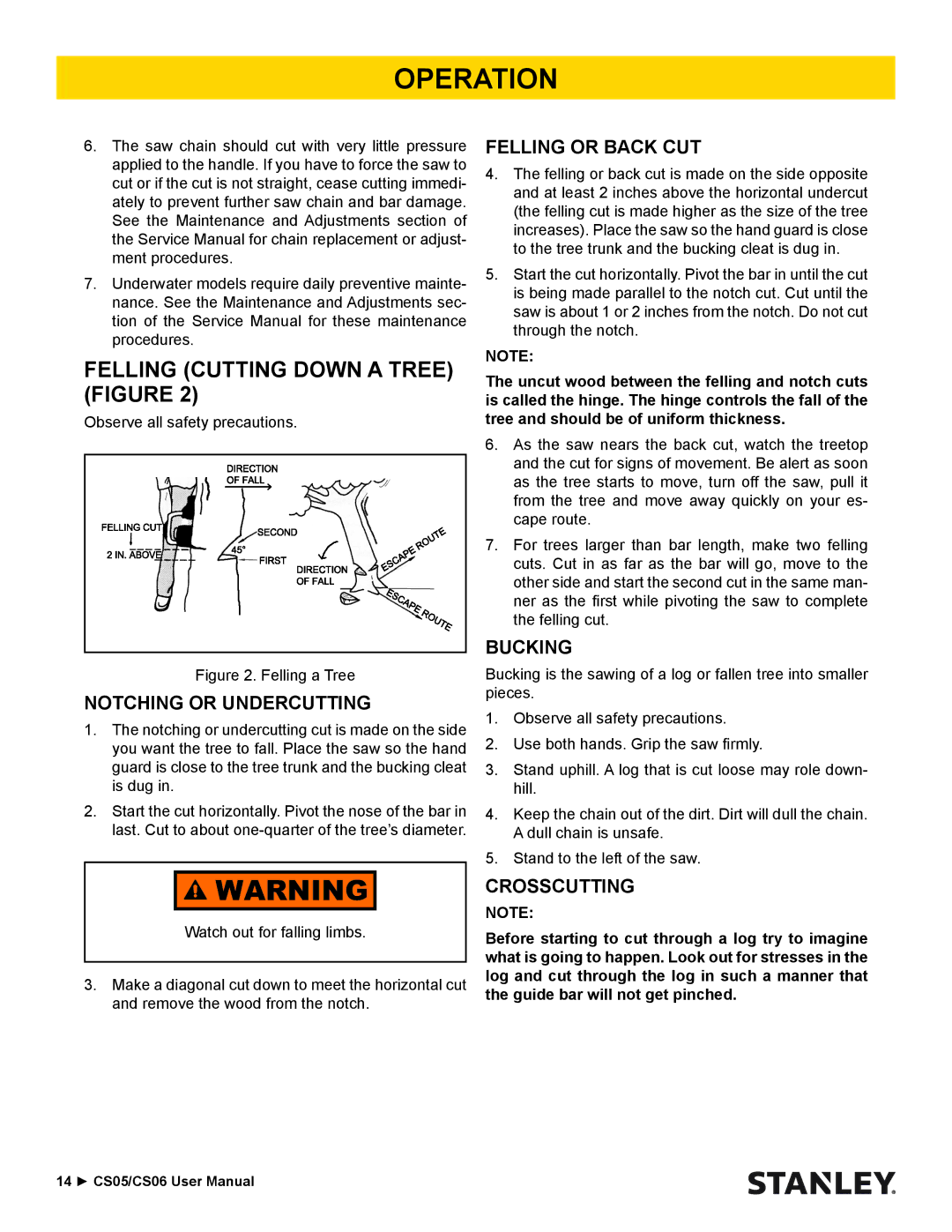 Stanley Black & Decker CS06 Felling Cutting Down a Tree Figure, Notching or Undercutting, Felling or Back CUT, Bucking 