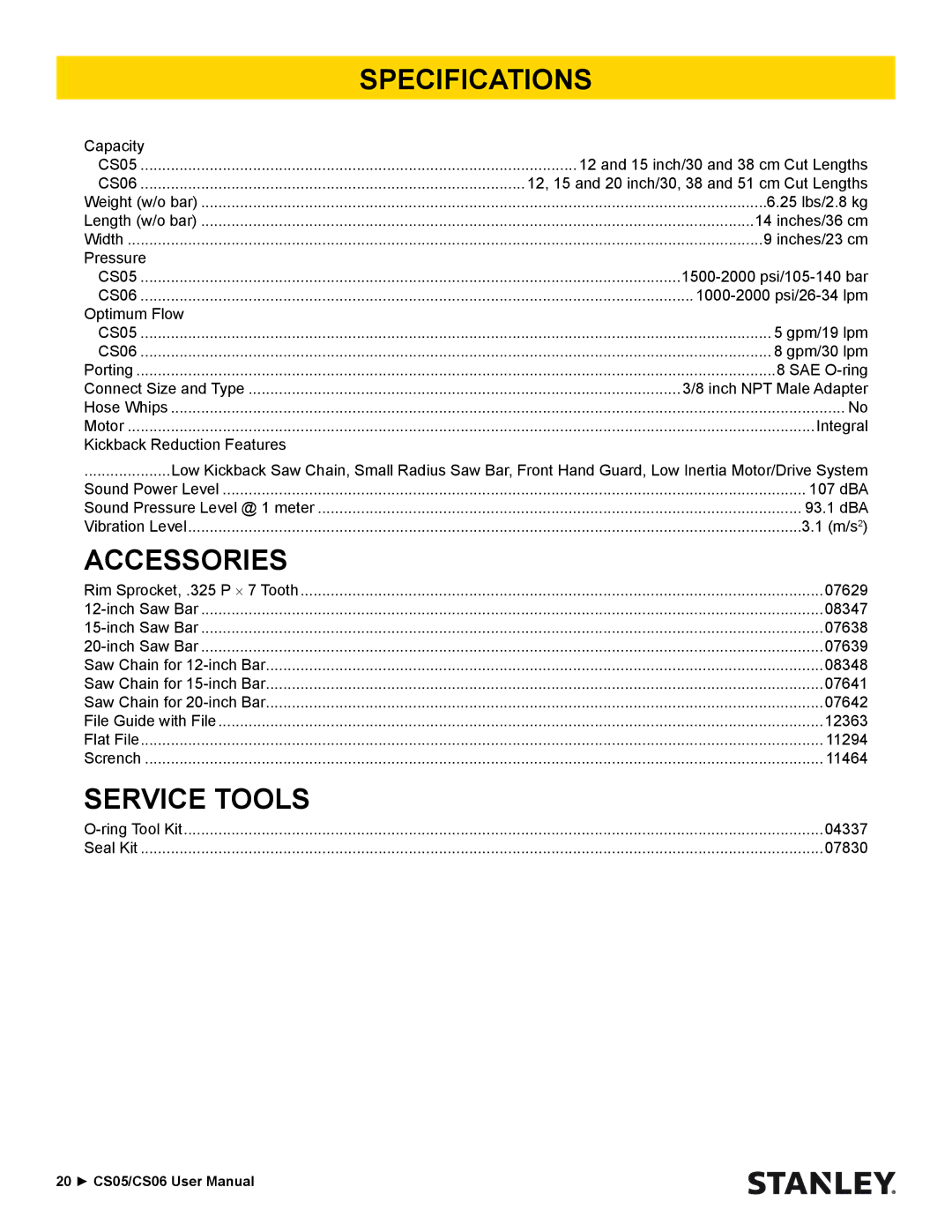 Stanley Black & Decker CS06, CS05 manual Accessories, Service Tools 