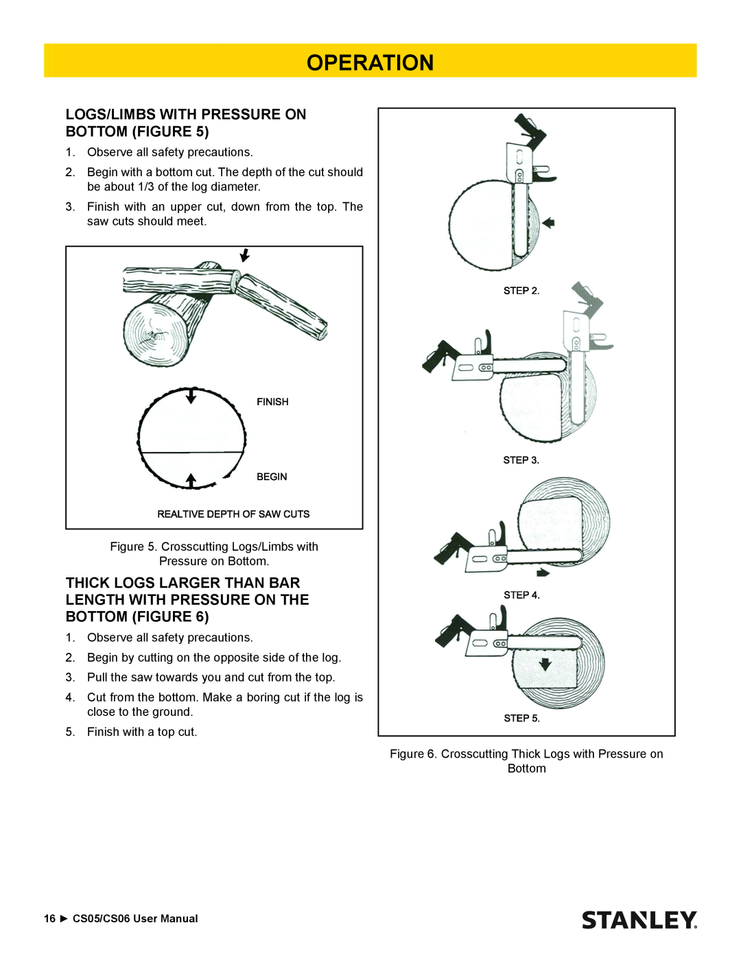 Stanley Black & Decker manual Logs/Limbs With Pressure On Bottom Figure, Operation, 16 CS05/CS06 User Manual 