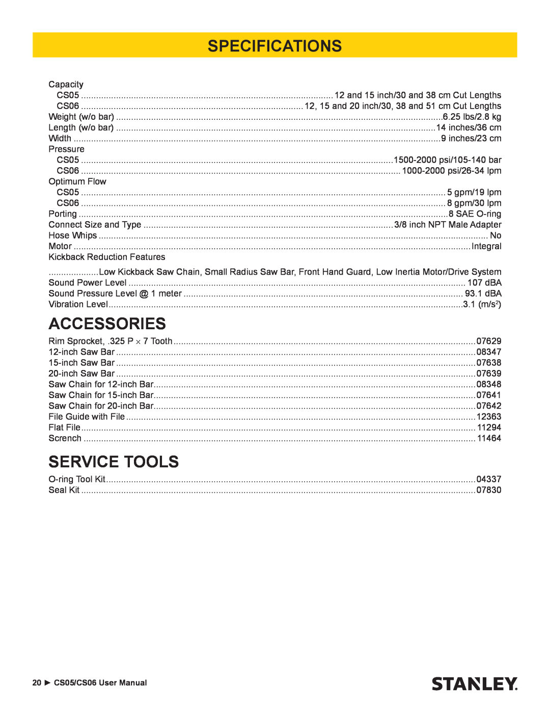 Stanley Black & Decker CS06, CS05 manual Accessories, Service Tools, Specifications 