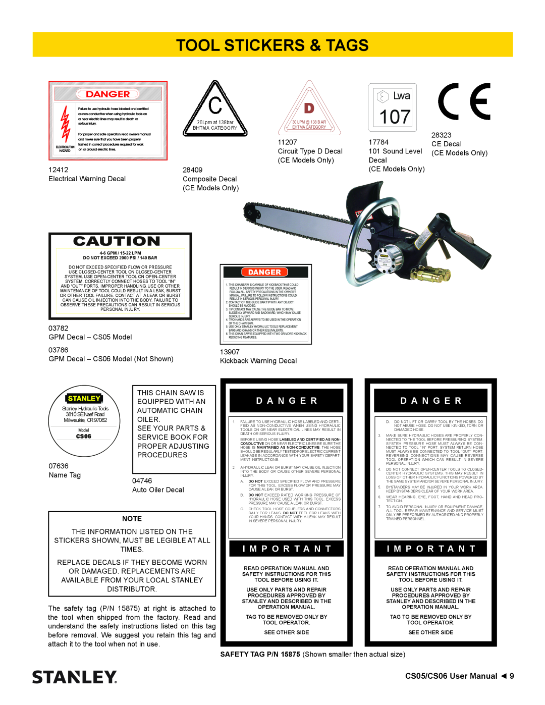Stanley Black & Decker manual Tool Stickers & Tags, Danger, D A N G E R, I M P O R T A N T, CS05/CS06 User Manual 
