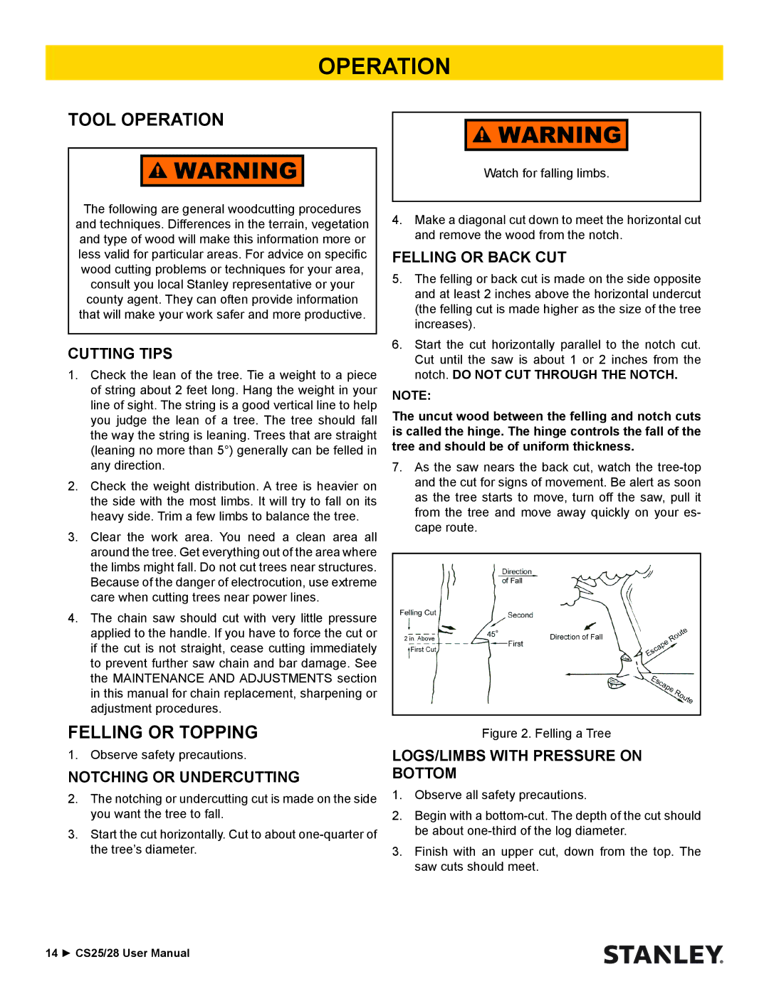 Stanley Black & Decker CS25/28 manual Tool Operation, Felling or Topping 