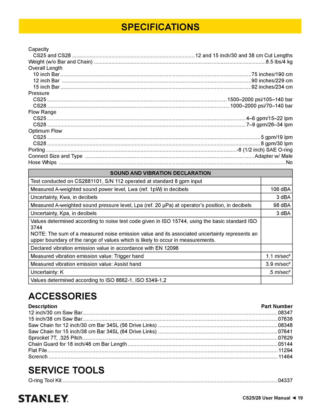 Stanley Black & Decker CS25/28 manual Specifications, Accessories, Service Tools 