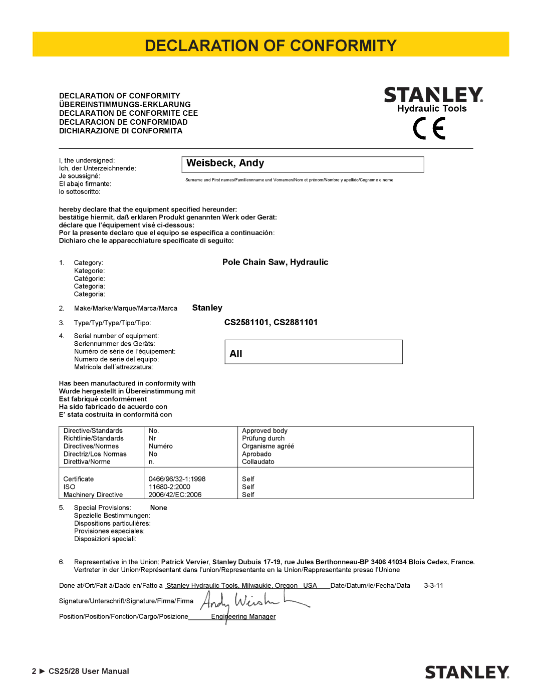 Stanley Black & Decker CS25/28 manual Declaration of Conformity, Weisbeck, Andy 