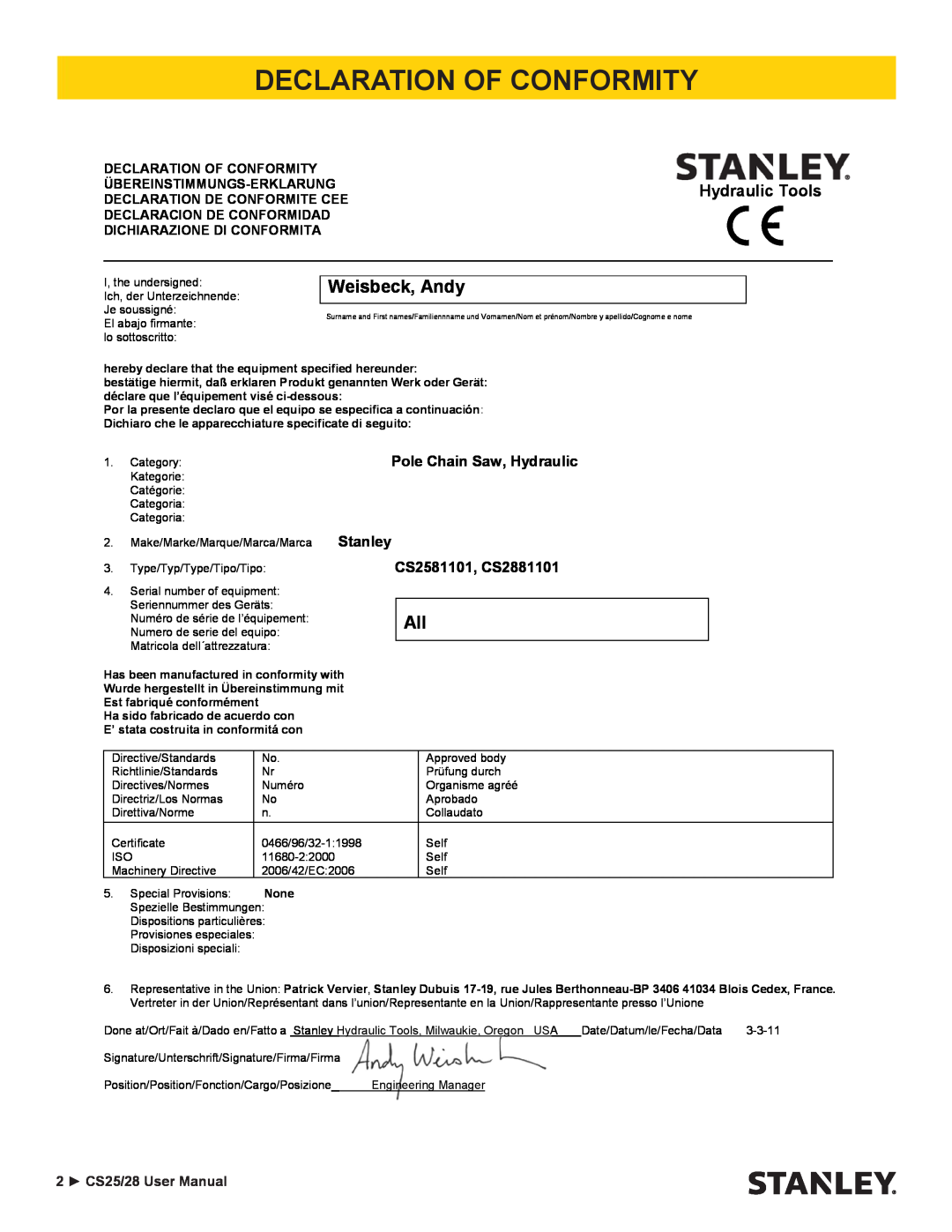 Stanley Black & Decker CS25/28 manual Declaration Of Conformity, Weisbeck, Andy, Pole Chain Saw, Hydraulic, Stanley 