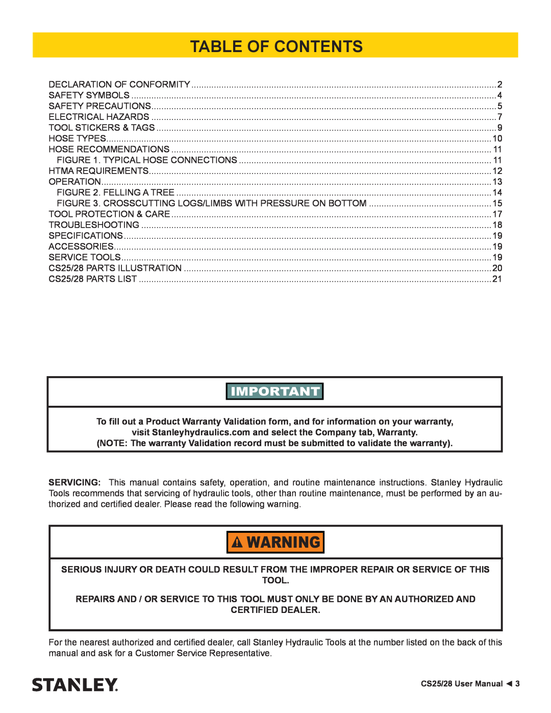 Stanley Black & Decker CS25/28 manual Table Of Contents, Tool, Certified Dealer 