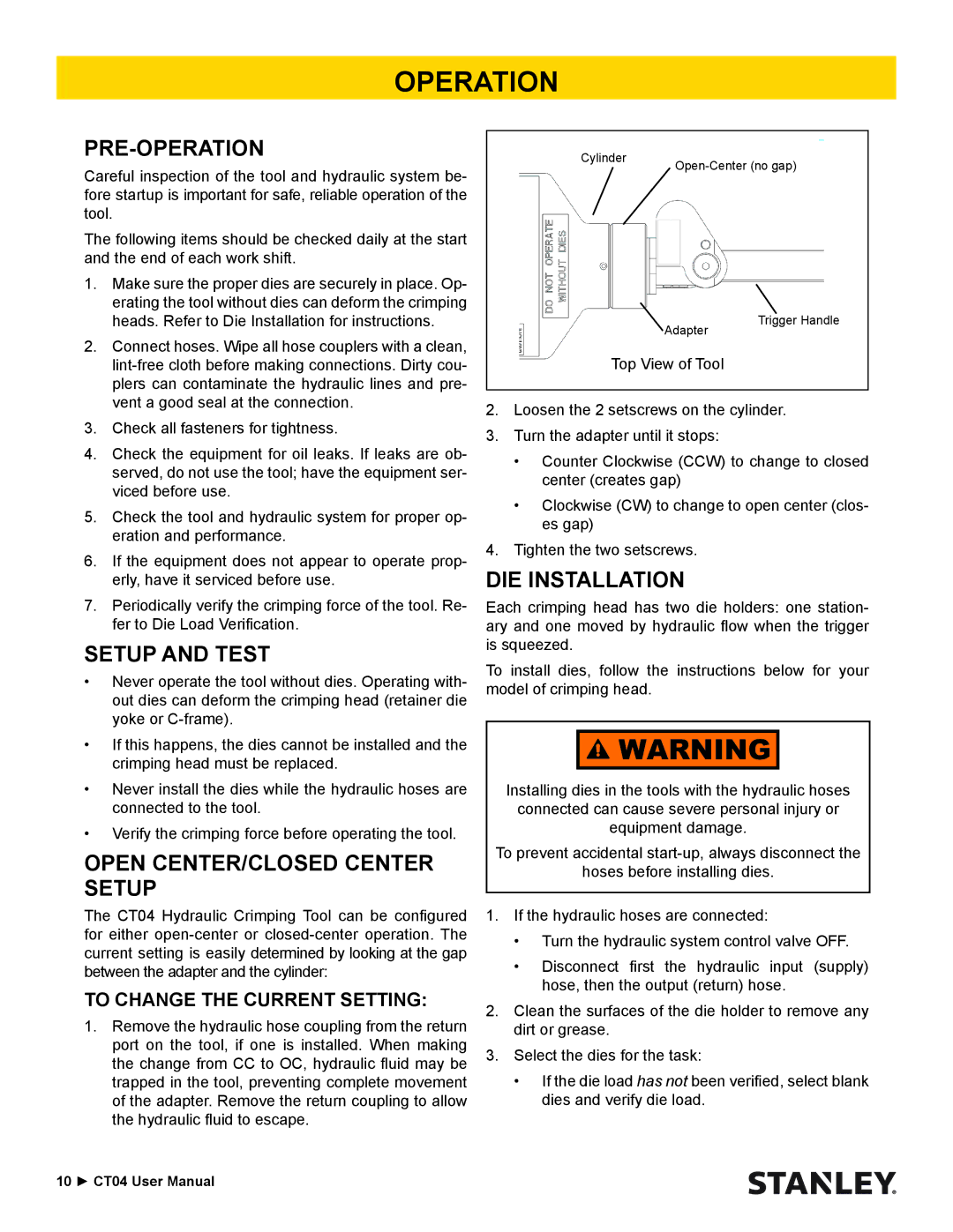 Stanley Black & Decker CT04 Pre-Operation, Setup and Test, Open CENTER/CLOSED Center Setup, DIE Installation 