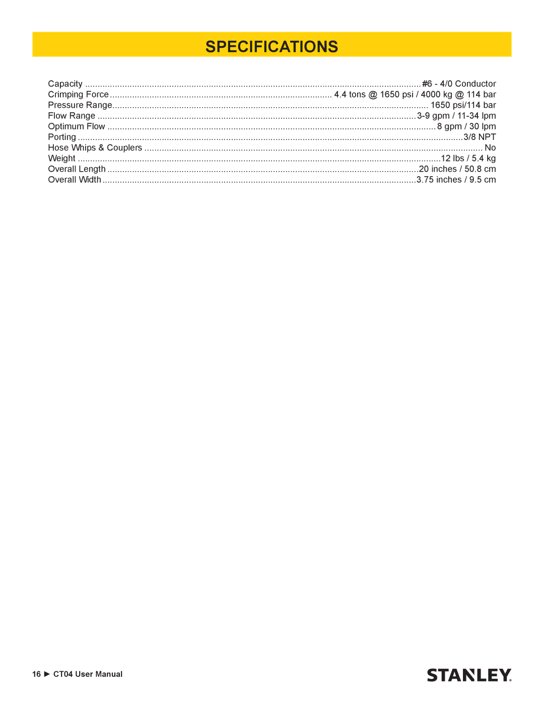 Stanley Black & Decker CT04 user manual Specifications 