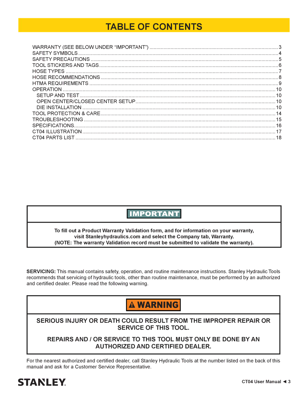 Stanley Black & Decker CT04 user manual Table of Contents 