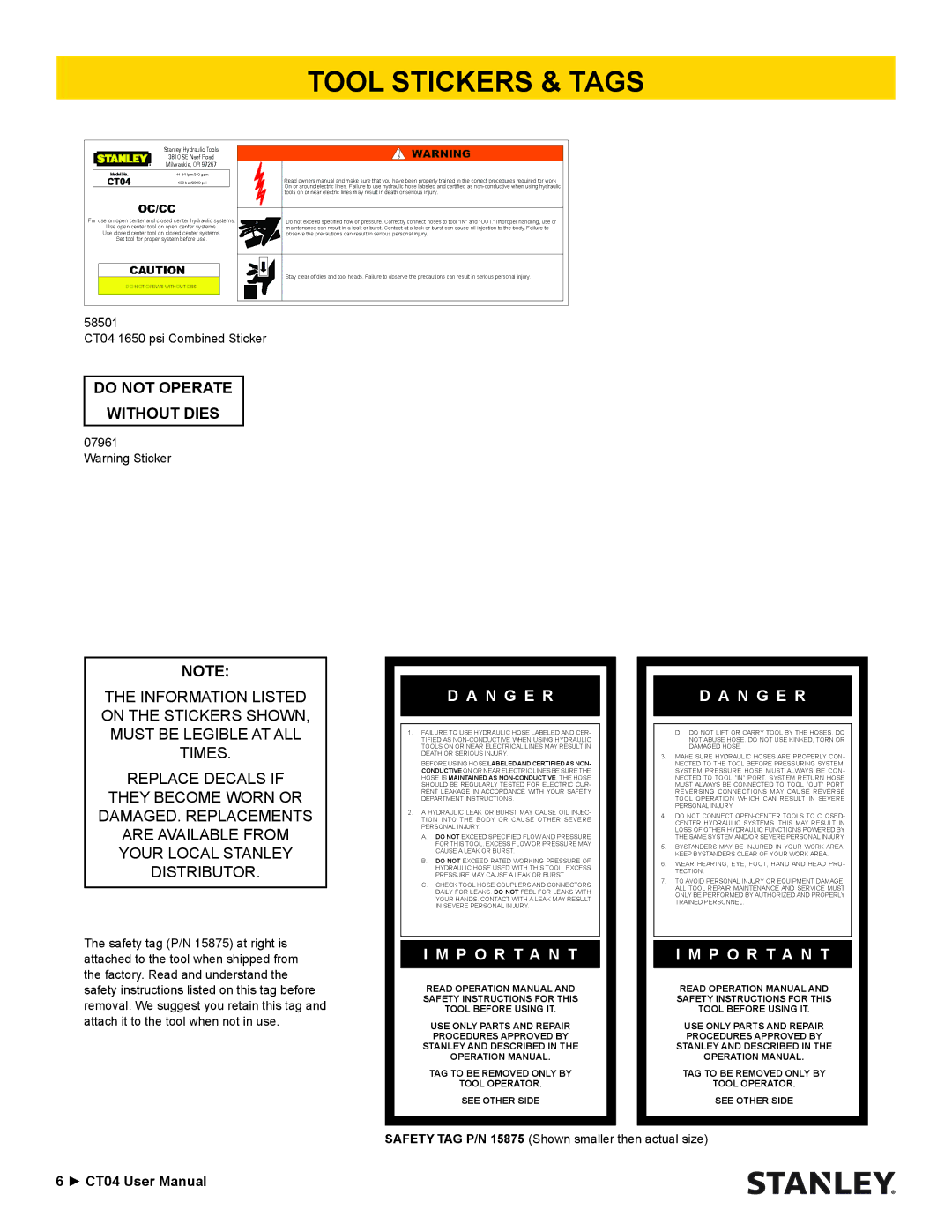 Stanley Black & Decker CT04 user manual Tool Stickers & Tags, Do not Operate Without Dies 