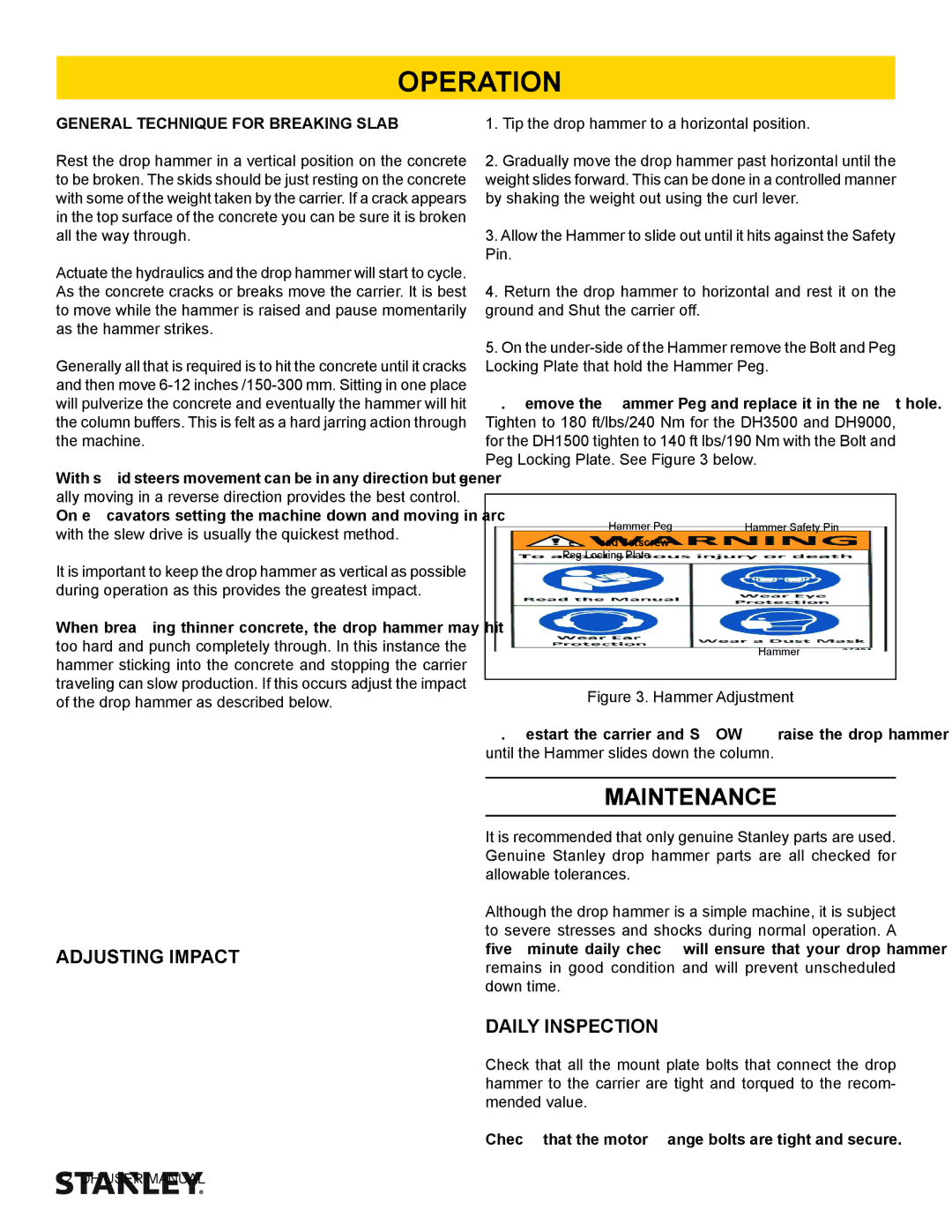 Stanley Black & Decker DH1500 DH3500 DH9000 Adjusting Impact, Daily Inspection, General Technique for Breaking Slab 