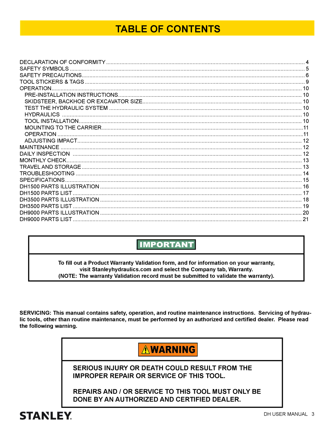 Stanley Black & Decker DH9000, DH3500, DH1500 user manual Table of Contents 