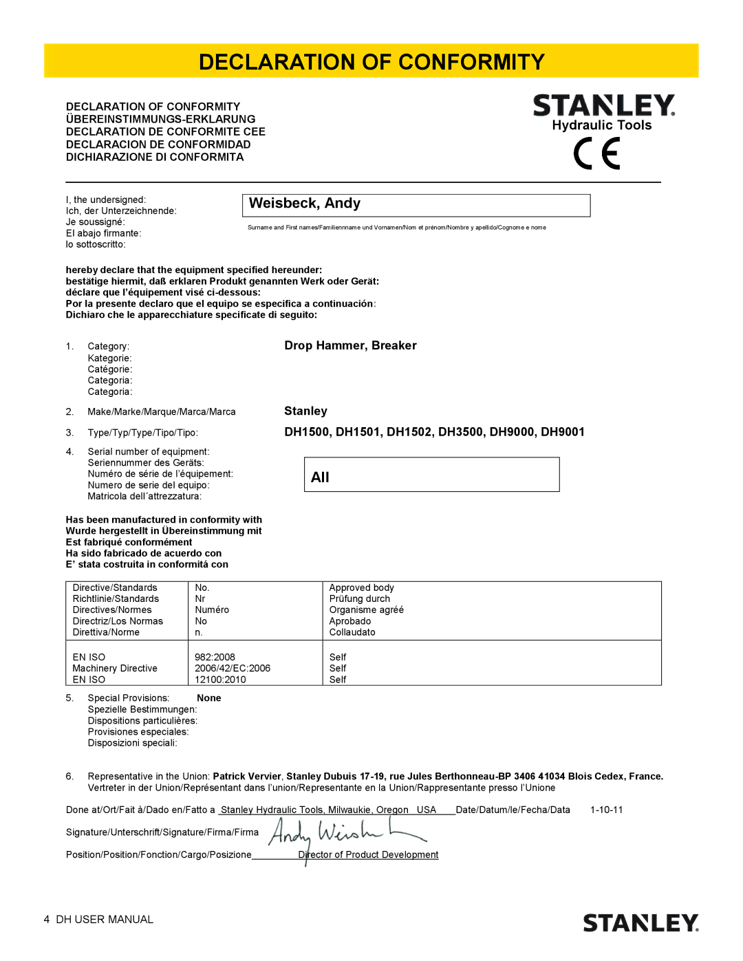 Stanley Black & Decker DH3500, DH9000, DH1500 user manual Declaration of Conformity, Weisbeck, Andy 