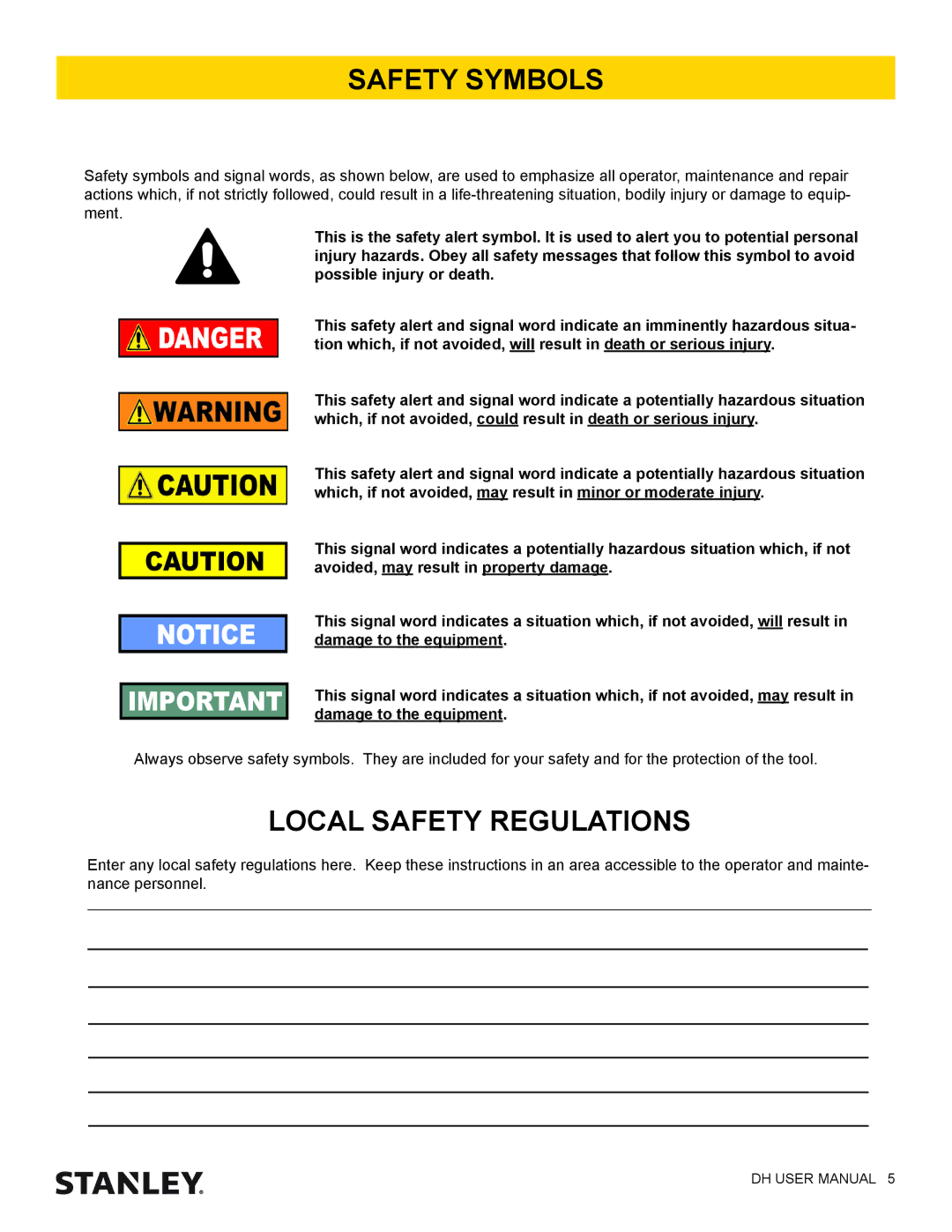 Stanley Black & Decker DH1500, DH9000, DH3500 user manual Safety Symbols, Local Safety Regulations 