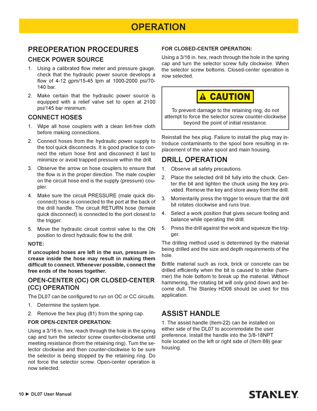 Stanley Black & Decker DL07 user manual Preoperation Procedures, Drill Operation, Assist Handle 