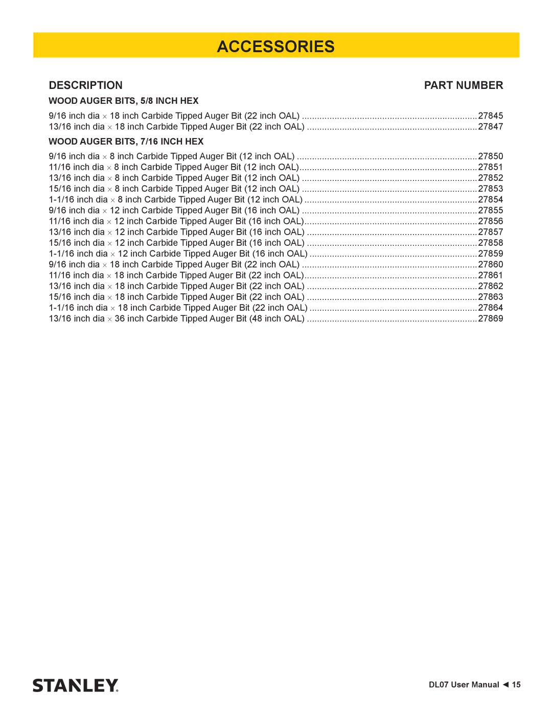 Stanley Black & Decker DL07 user manual Accessories, Wood Auger BITS, 5/8 Inch HEX, Wood Auger BITS, 7/16 Inch HEX 
