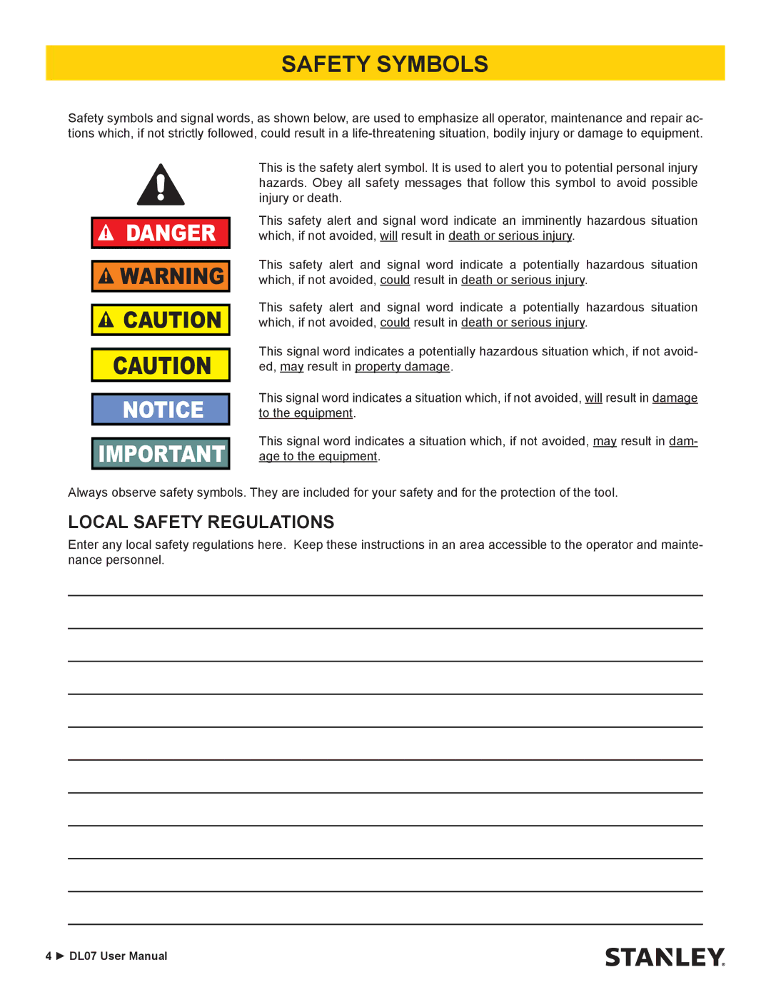 Stanley Black & Decker DL07 user manual Safety Symbols, Local Safety Regulations 