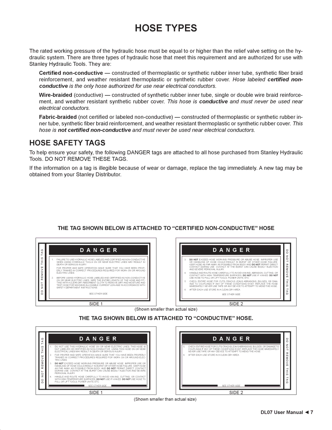 Stanley Black & Decker DL07 user manual Hose Types, Hose Safety Tags, TAG Shown below is Attached to Conductive Hose 