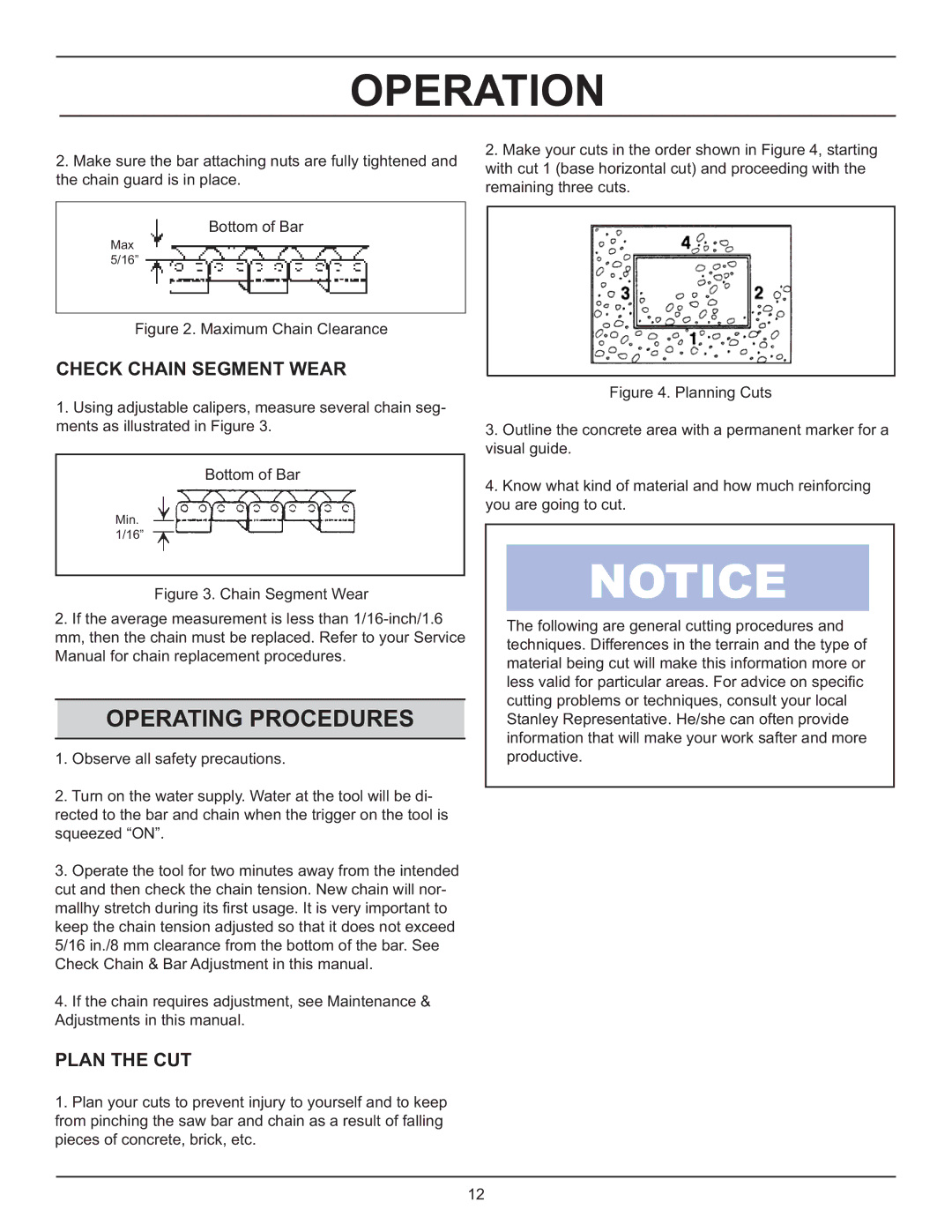 Stanley Black & Decker DS06 manual Operating Procedures, Check Chain Segment Wear, Plan the CUT 