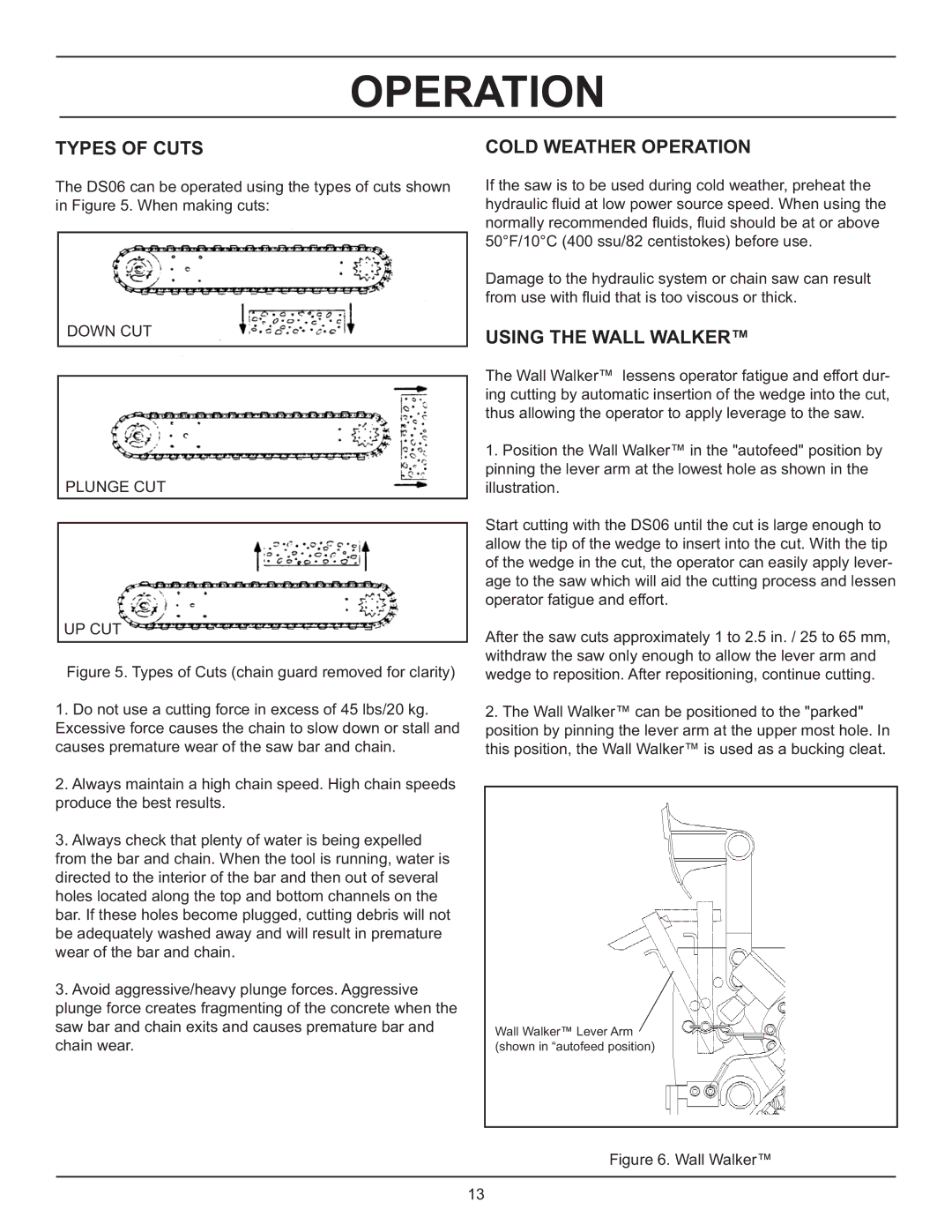 Stanley Black & Decker DS06 manual Types of Cuts, Cold Weather Operation, Using the Wall Walker 