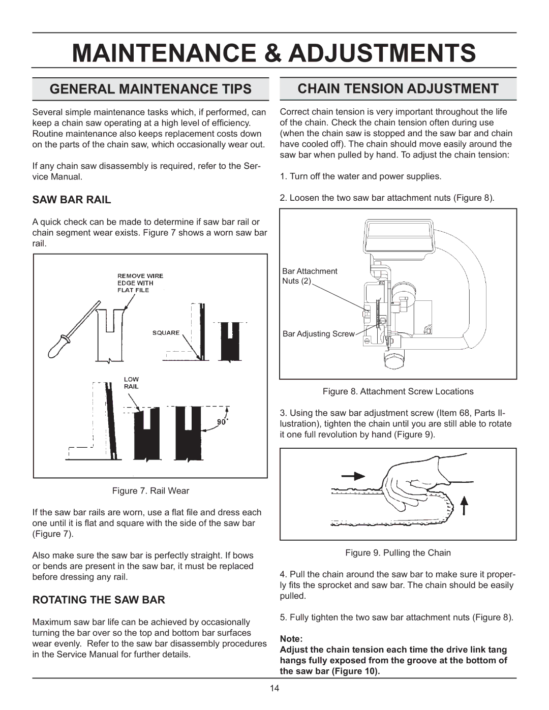 Stanley Black & Decker DS06 Maintenance & Adjustments, General Maintenance Tips Chain Tension Adjustment, SAW BAR Rail 