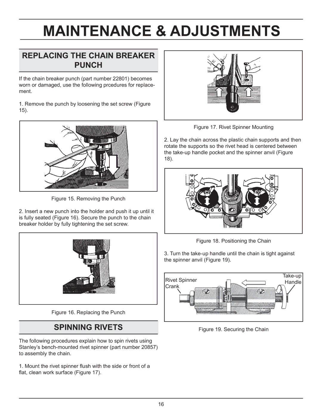 Stanley Black & Decker DS06 manual Replacing the Chain Breaker Punch, Spinning Rivets 