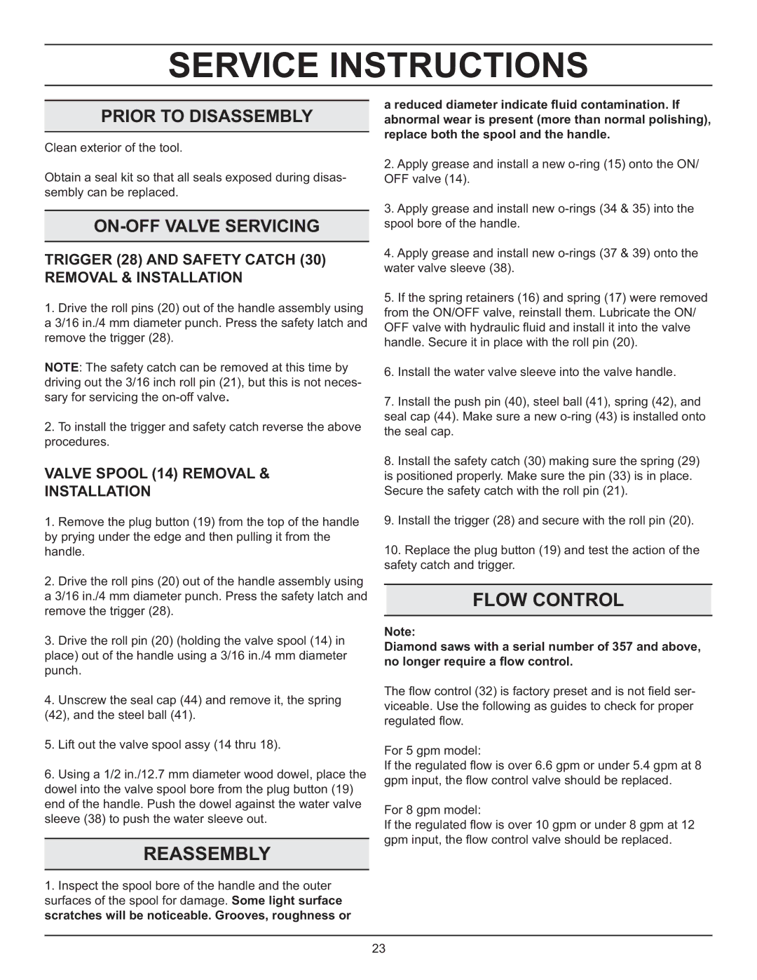 Stanley Black & Decker DS06 manual Service Instructions, Reassembly, Flow Control, Valve Spool 14 Removal Installation 