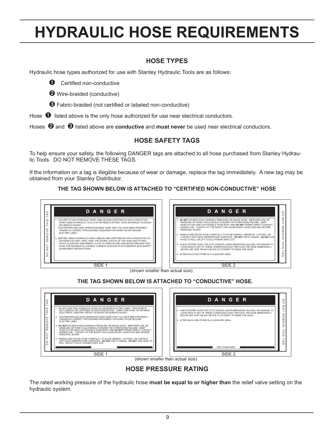 Stanley Black & Decker DS06 manual Hydraulic Hose Requirements, Hose Types, Hose Safety Tags, Hose Pressure Rating 