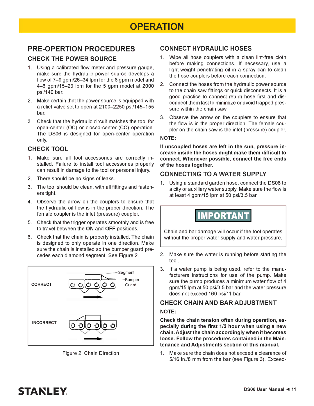 Stanley Black & Decker DS06 user manual Operation, PRE-OPERTION Procedures 